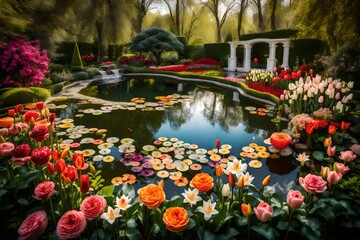 Fototapeta premium A beautiful garden enchanted with the charm of roses, lilies, and tulips and a pond in the middle - AI Generative