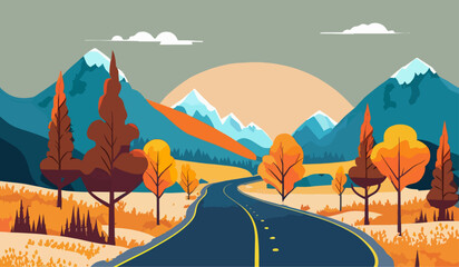 Landscape of mountain empty road in autumn with pines, bushes, orange grass Flat colorful vector illustration