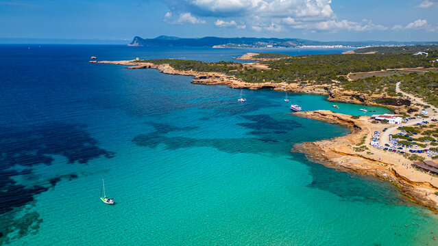 Aerial of Comte beach with its turquoise waters, Ibiza, Balearic Islands, Spain, Mediterranean