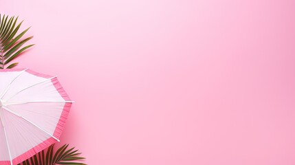  a pink and white umbrella and palm leaves on a pink background.  generative ai