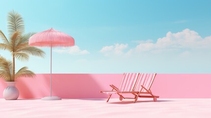  a pink beach scene with a chair and a pink umbrella.  generative ai - obrazy, fototapety, plakaty