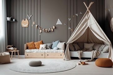 A trendy kids room with an unpainted gray wall. Interior design mockup in a modern Nordic style. Copy area for the artwork or photo on your poster. The workstation next to the bed. a safe haven for