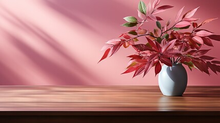  a white vase filled with red leaves on a wooden table.  generative ai