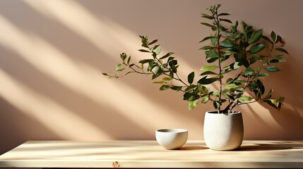  two white vases with plants in them on a table.  generative ai