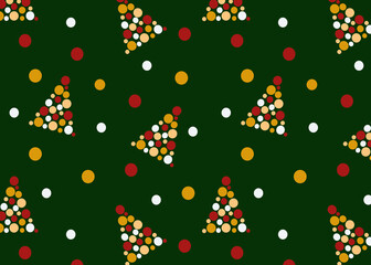 Seamless pattern with colorful circles on a green background. Lots of circles of different colors and sizes. Winter design. Decorations.