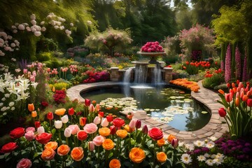 Fototapeta premium A beautiful garden enchanted with the charm of roses, lilies, and tulips and a pond in the middle - AI Generative