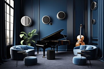 A glam blue velvet sofa pouf black metal shelves poster plants and contemporary home decorations round up the appealing modern living room interior design. The hue of the walls is blue. The space bar