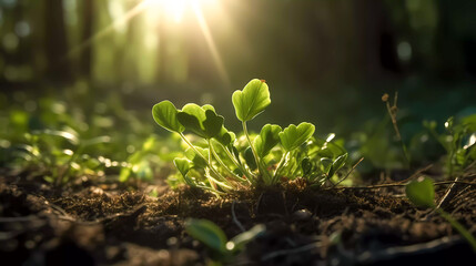 A young green sprout, illuminated by the sun's rays, grows on black soil. Generative AI technology.