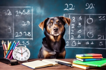 The dog sits at a table with books on the background of a blackboard.