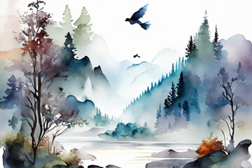 Watercolor sketch, white, blue, morning mist with pond and trees. Vector illustration.