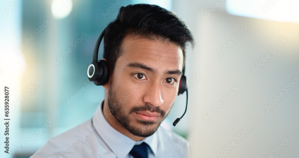 Poster Call center agent talking and listening to a client on a headset while working in an office. Confident and reassuring salesman consulting and operating a helpdesk for customer service and support