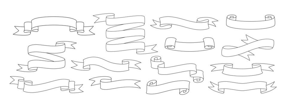 Set of doodle style horizontal ribbons isolated on white background. Line art vector illustrations collection.