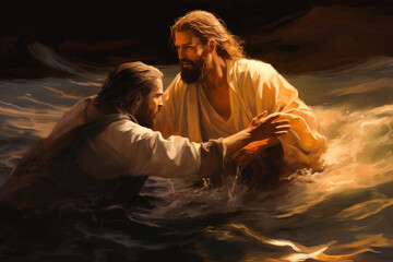 Miraculous Night: Jesus Rescues Peter on the Lake - obrazy, fototapety, plakaty