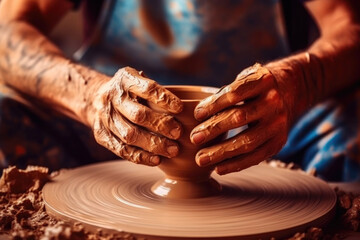 Close-Up of Potter Molding Clay on Wheel