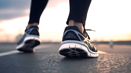 Rear view close up sport shoe of racer.  Banner sneaker fitness for track. Runner man feet running on road closeup on shoe.