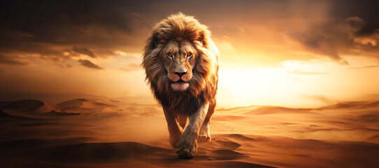 King, Lion of Judah Walking Through The Desert: Symbolizing Spiritual Strength and Kingship in Christian Faith.   - obrazy, fototapety, plakaty