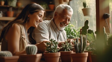 Happy senior adult couple take care a plants indoor at minimal home, habit time, happy moments, retirement lifestyle concept.