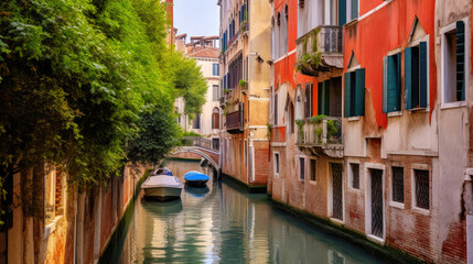 Fototapeta na wymiar Serenity in Venice: Tranquil Canal with Verdant Trees