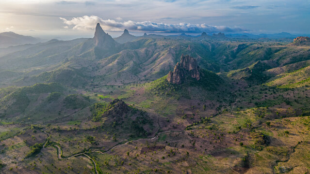Aerial of Rhumsiki peak in the lunar landscape of Rhumsiki, Mandara mountains, Far North province, Cameroon, Africa