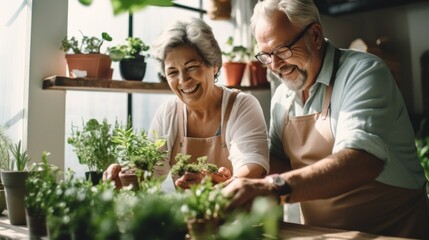 Happy senior adult couple take care a plants indoor at minimal home, habit time, happy moments, retirement lifestyle concept.