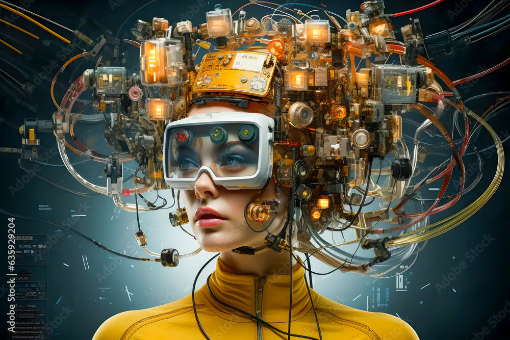 Poster a stunning woman with a cyberpunk vibe, symbolizing the concepts of extensive data utilization, arti
