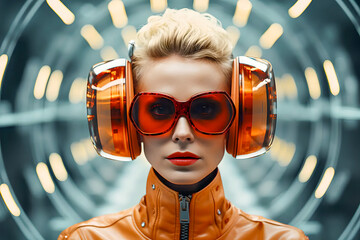 Young beautiful blonde woman in spaceship space wearing big glasses and headphones. The concept of retro is the future of technology.