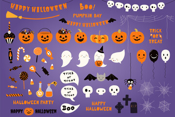 Cute Halloween elements, characters, quotes isolated, big set. Pumpkin, spider, ghost, web, skull, candy, bat, balloon. Hand drawn vector illustration. Cartoon style flat design. Kid holiday print
