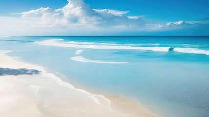 Fototapeta na wymiar Azure Waters Embrace Sandy Shores, Sunlight Dances on Waves, a Symphony of Earth and Sea