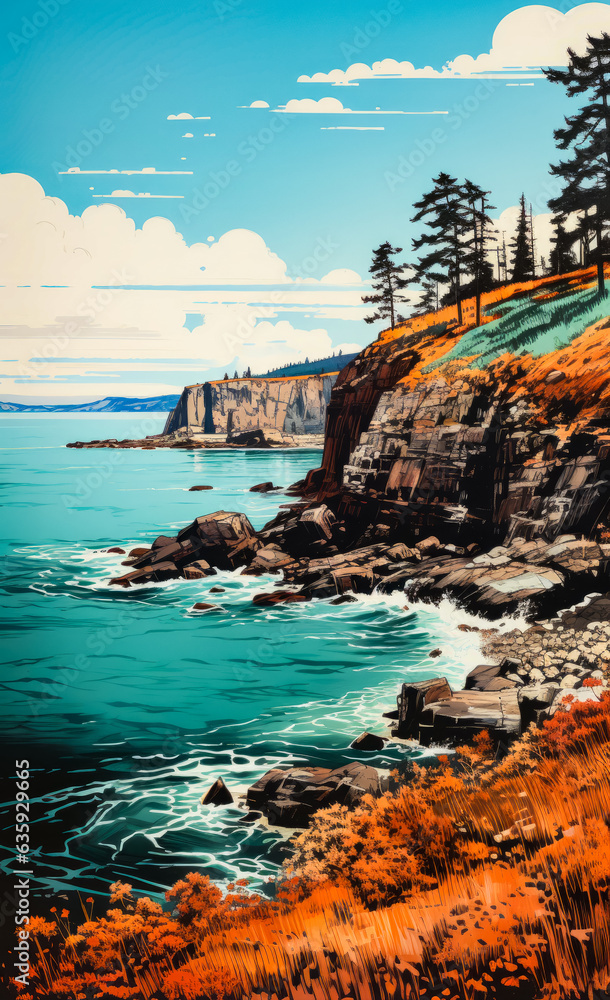 Wall mural image of rocky coastline with trees on the shore.