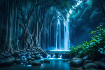 A cascading waterfall with a big banyan tree in a lush jungle beneath the ethereal blue light of the moonlit night sky - AI Generative