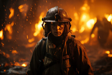 Naklejka premium Fire fighter working at dangerous area background. Generative ai.