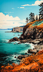 Image of rocky coastline with trees on the shore.