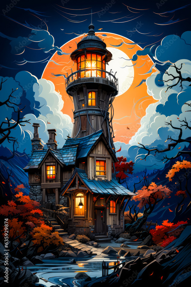 Canvas Prints Image of house with full moon in the background.