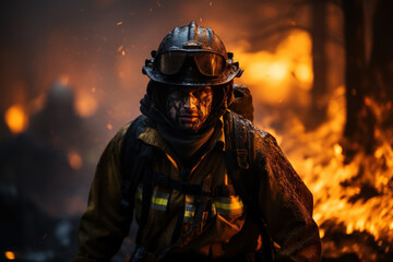 Fototapeta premium Fire fighter working at dangerous area background. Generative ai.