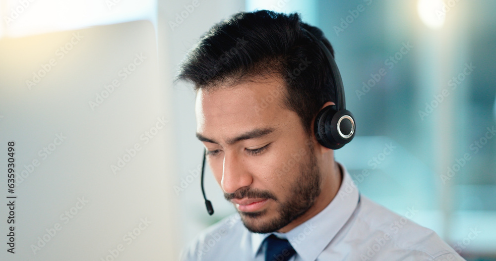 Poster Call center agent talking and listening to a client on a headset while working in an office. Confident and reassuring salesman consulting and operating a helpdesk for customer service and support
