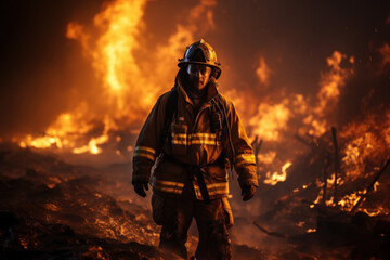 Fototapeta premium Fire fighter working at dangerous area background. Generative ai.