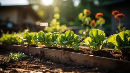 Organic Garden: Feature an image of small, decently maintained organic garden or vegetable patch, with rhubarb, carrots, tomatoes, green beans, and vegetables available to grow in the midwest. Showcas