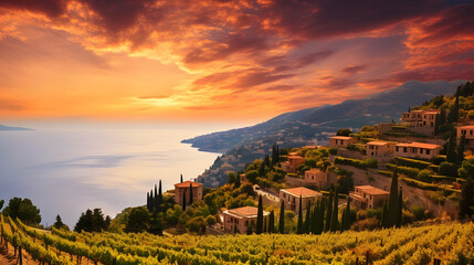 Naklejka premium Witness the captivating allure of the Mediterranean landscape with this awe-inspiring image. A panoramic view reveals terraced vineyards cascading down hillsides, while cypress trees and ancient ruins