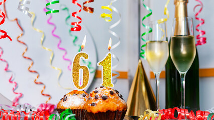 Solemn cake for an anniversary with a number  61. Happy birthday background with champagne bottle...