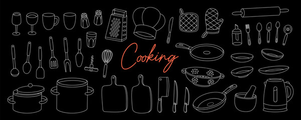 Kitchen utensils for cooking. Cooking tools, appliances, kitchenware. Ceramic plates, mug, cup, wineglass, frying pan, sieve, colander, steel grater.