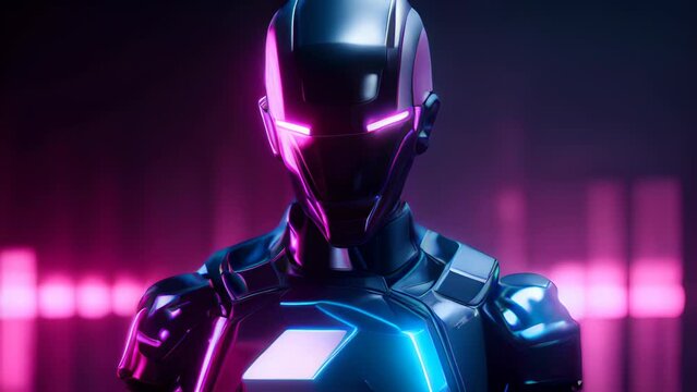 A futuristic robot with glowing eyes in a dimly lit room. Generative ai - Powered by Adobe