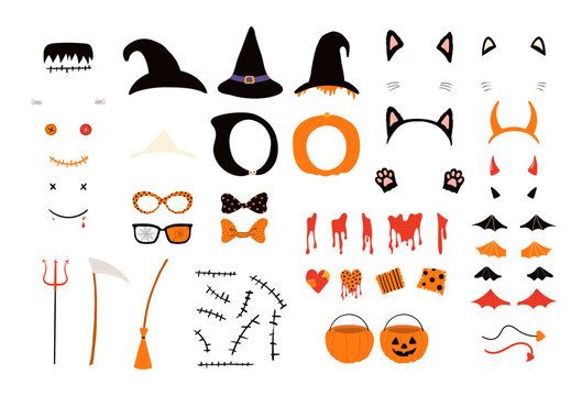 Cute Halloween accessories isolated, big set. Witch hat, pumpkin bag, horns, cat ears, wings, stitch, blood. Hand drawn vector illustration. Cartoon style flat design. Kid holiday print elements