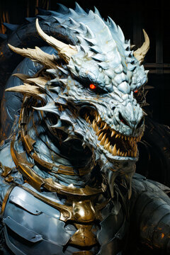 Close up of statue of dragon with red eyes.