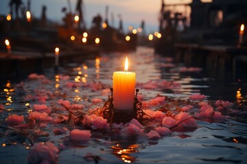 Lit candle sitting on top of body of water.