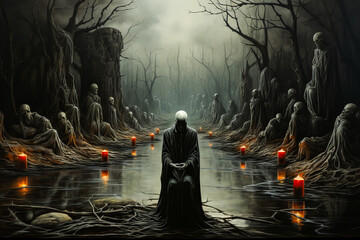 Image of man sitting in swamp surrounded by candles.