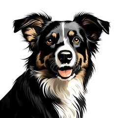 Close up of dog's face on white background.