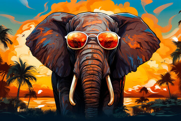 Image of elephant with sunglasses on it's face. - obrazy, fototapety, plakaty