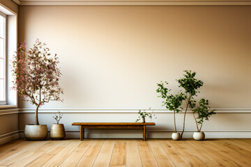 Room with bench, vases and plant.