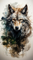 Image of wolf's face with watercolors.