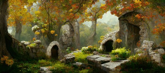 Mystical woodland forest in Autumn with remnants of old druid buildings in ruin. Enchanted magic forest, ancient trees, colorful flowers, peaceful dreamy fairytale fantasy wonderland, generative ai